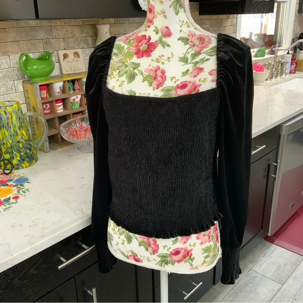 Gianni Bini Black Velvet Square Neck Smocked Balloon Sleeve Blouse XL  New WTags
